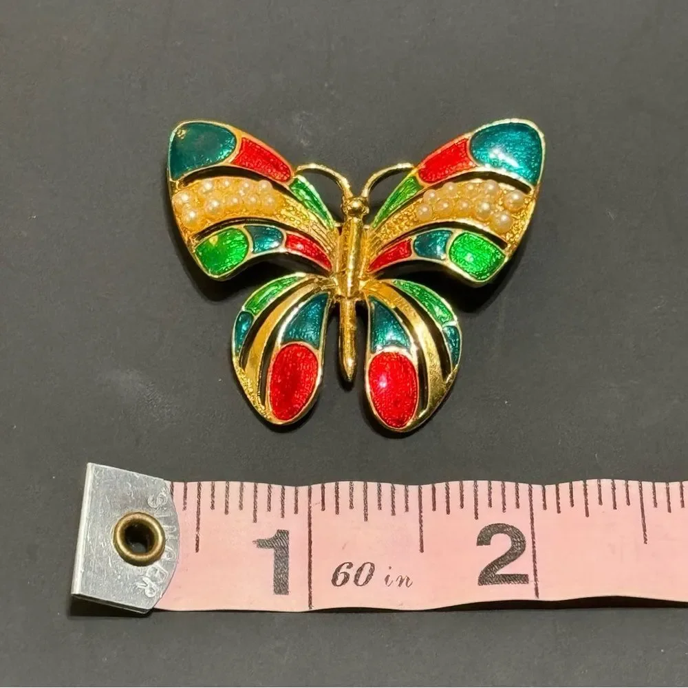 Colorful Gold Butterfly Brooch with Pearl Accents